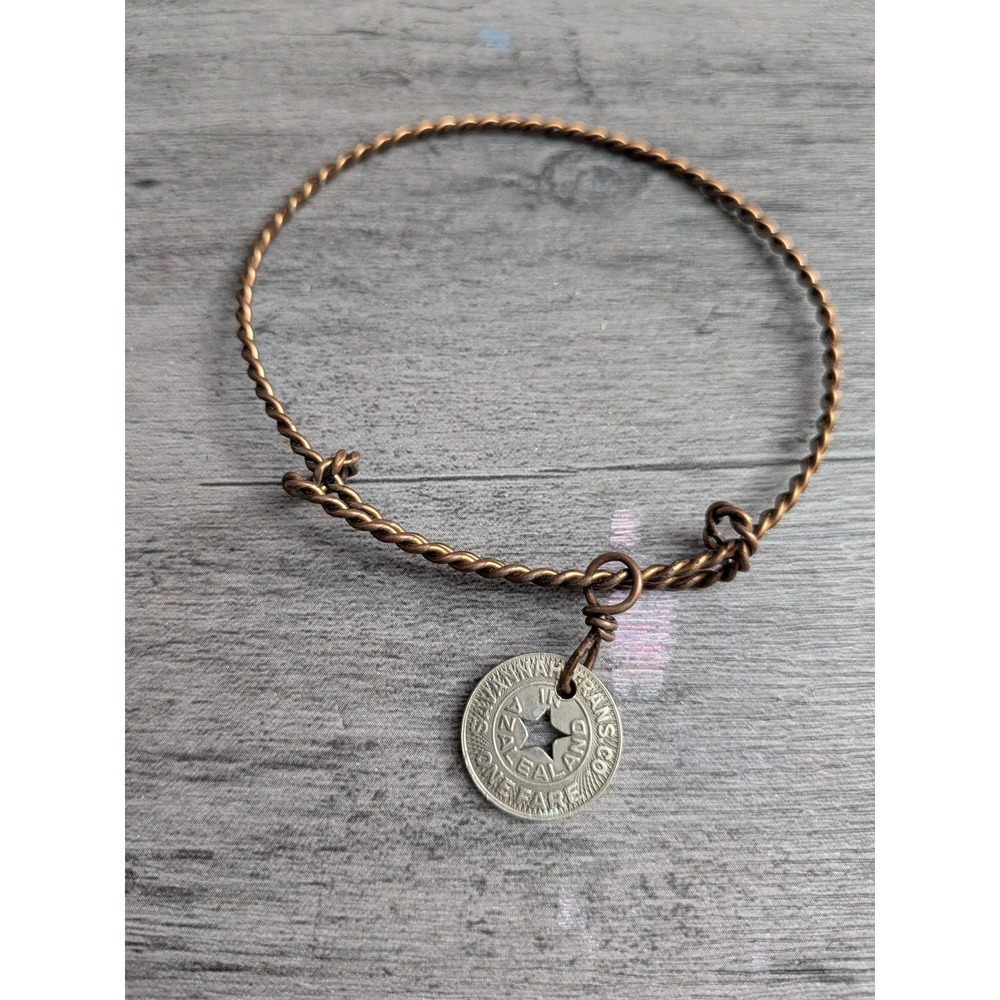 New Zealand Tramways One Fare Coin Charm Twisted Wire Adjustable Bangle Bracelet
